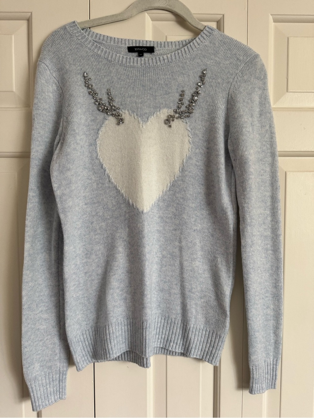 Light Blue Heart Embellished Wool Blend Sweater